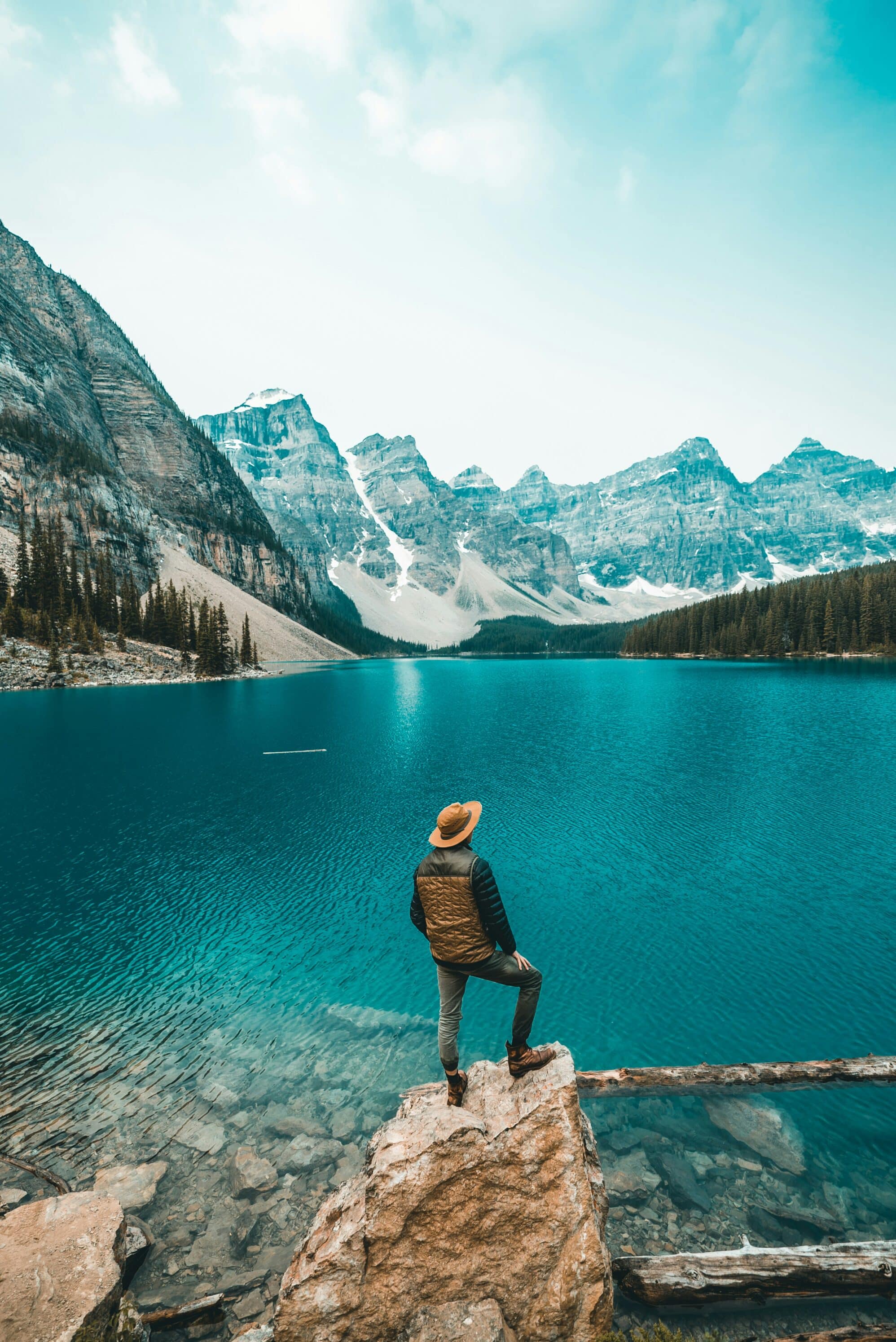 bright blue lake with mountains